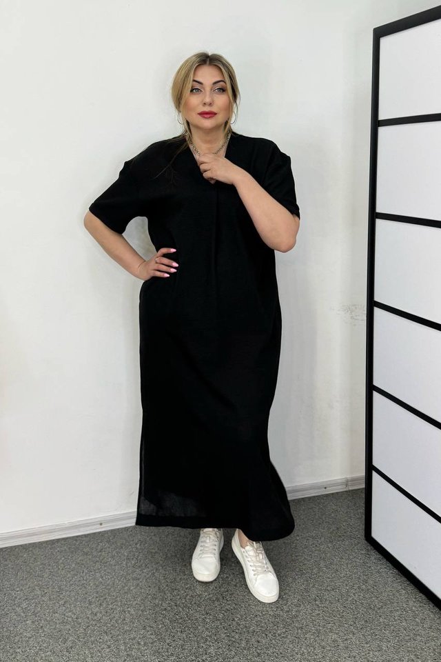 Платье льняное Моника черное, Черный, 50-52