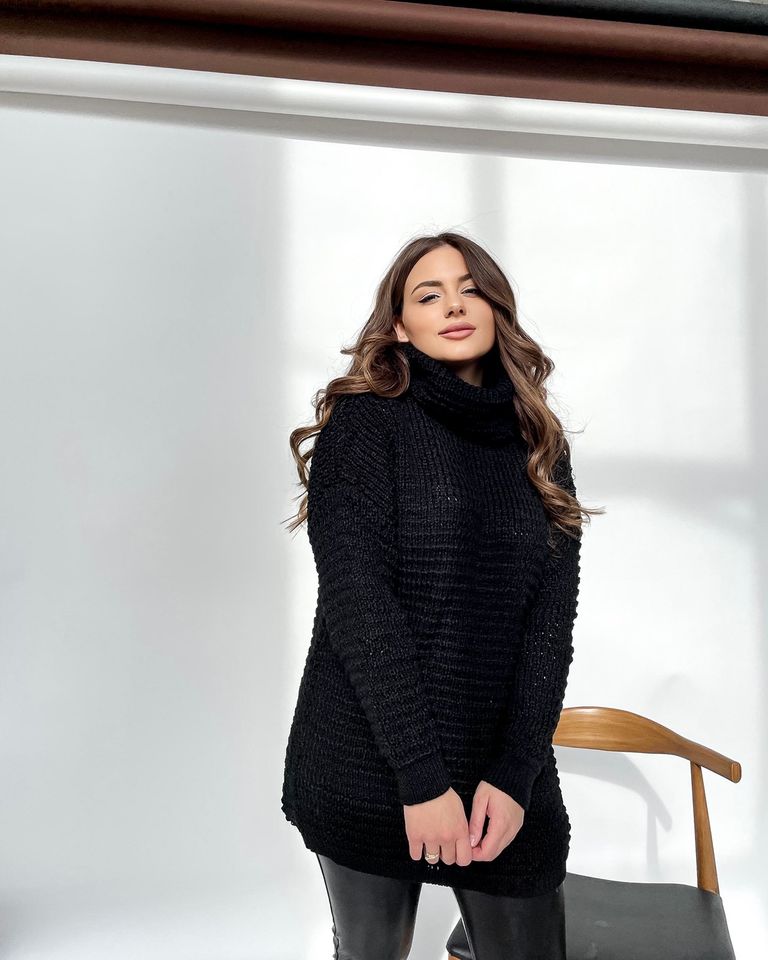 Стильный вязанный свитер с горлом Фристайл черный, Черный, 50-56