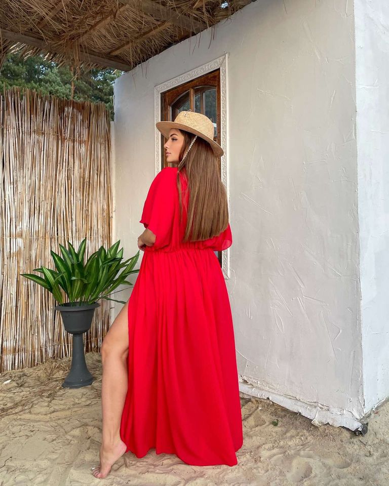 Пляжная длинная туника - платье красная, Красный, 62-64