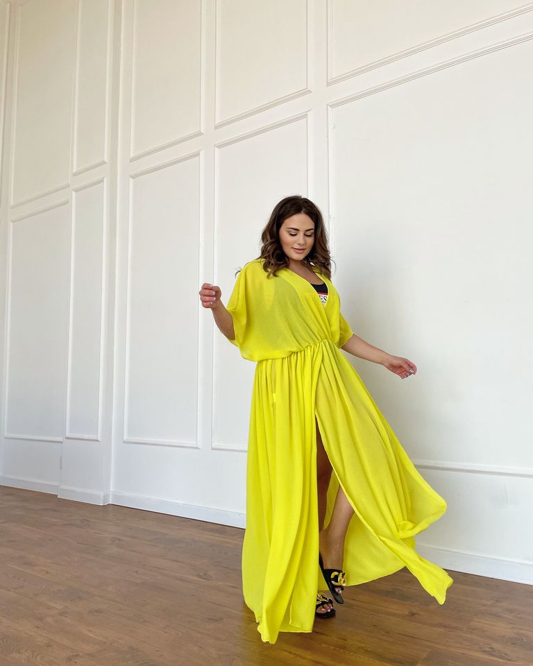 Пляжная длинная туника - платье жёлтая, Желтый, 62-64