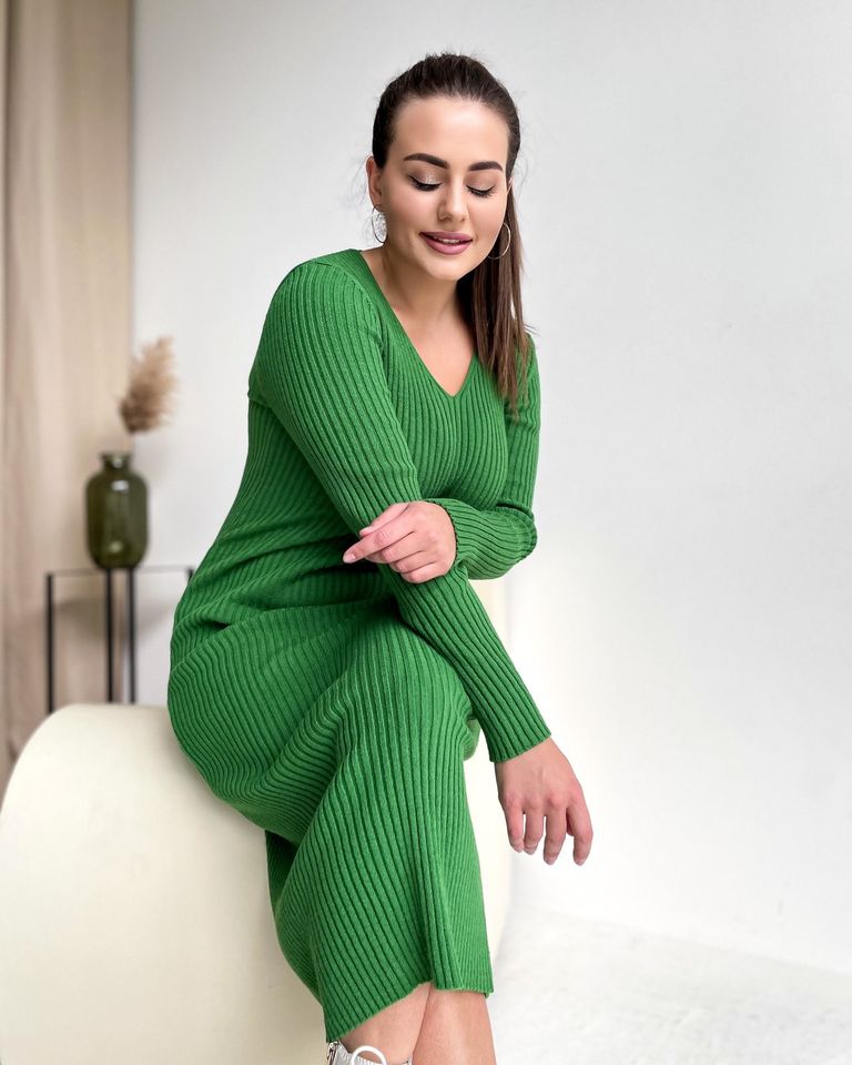 Платье вязанное длинное зеленое, Зеленый, 46-50